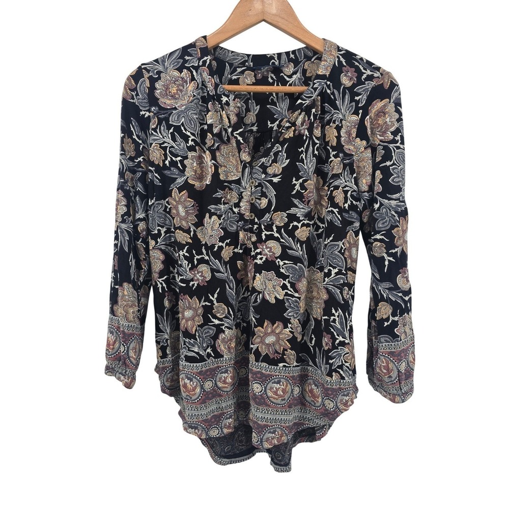 Lucky Brand Blouse‎ Womens Medium Black Floral Paisley Boho Henley Long Sleeve